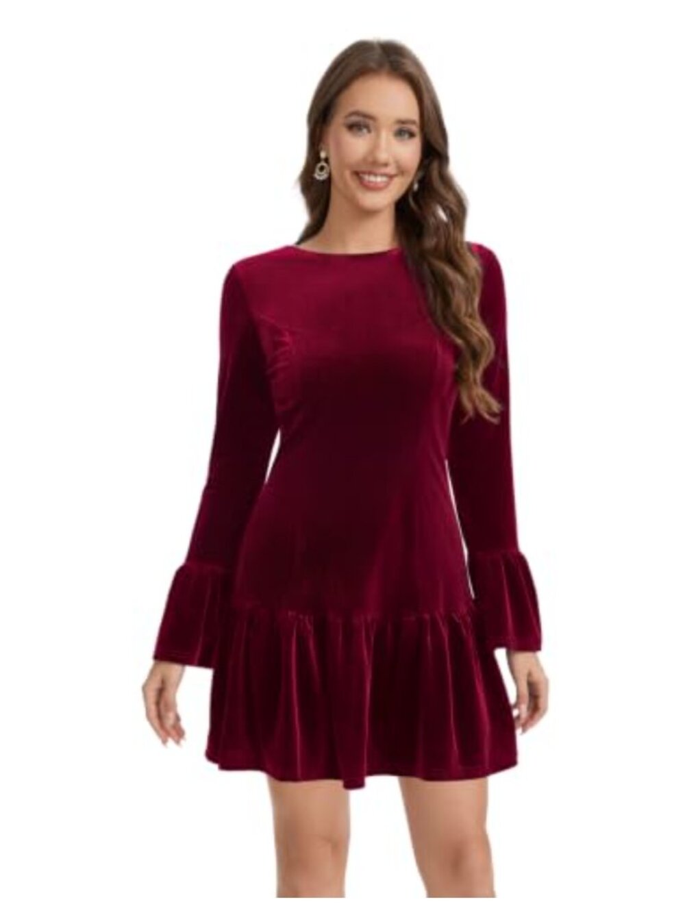 Velvet Fit and Flare Mini Dress Crew Neck Bell Sleeve Ruffle Hem Party
